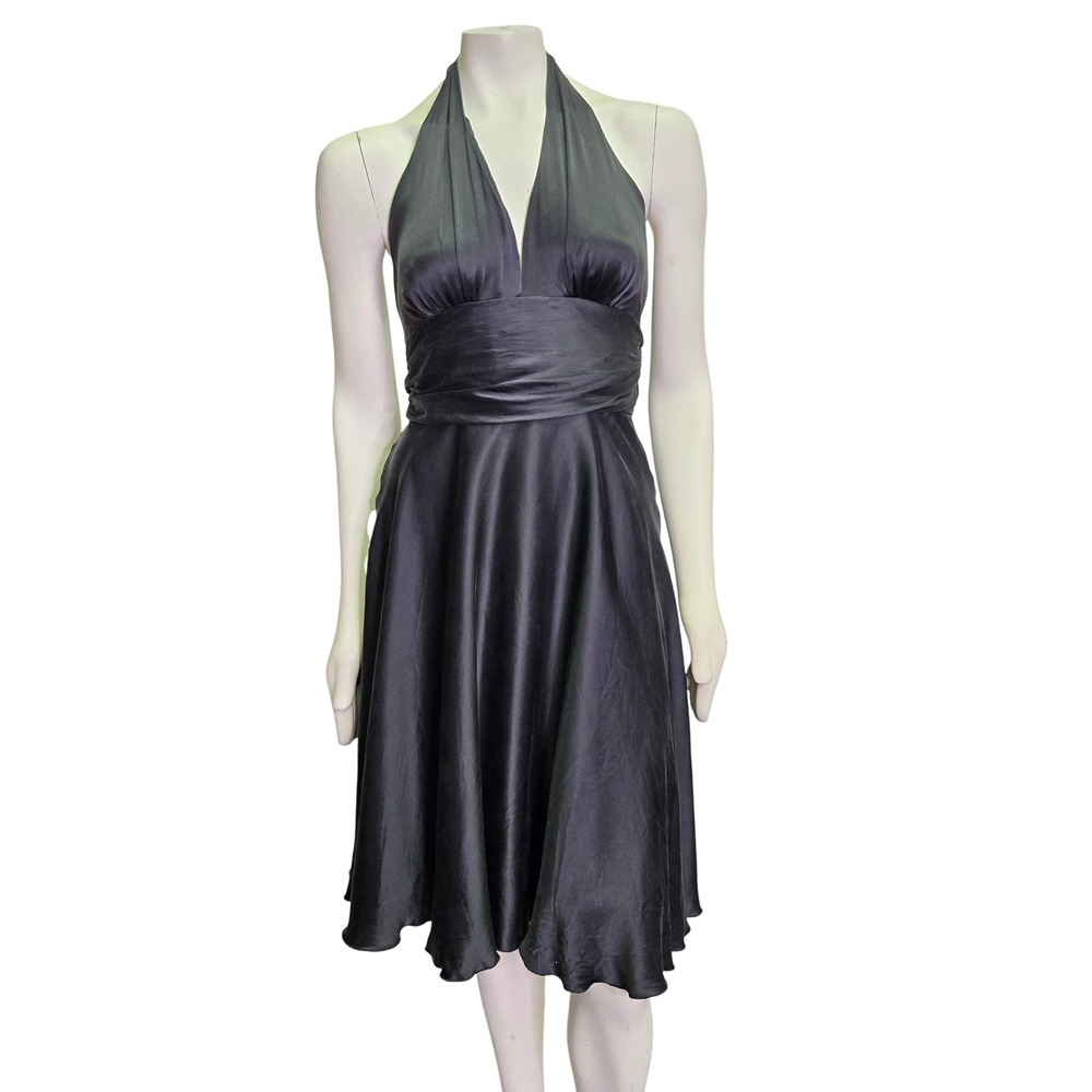 Vintage Old Hollywood Fit n Flare Black Silk Halter Neck Midi Dress‎ 8  Party